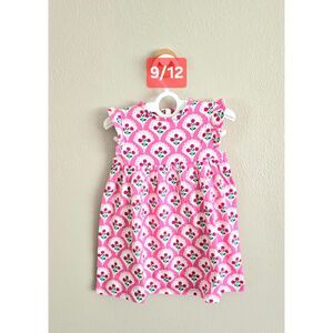 NWOT Baby Boden Jersey Frill Sleeve Dress-Pink Rose Woodblock Floral, Sz 9/12